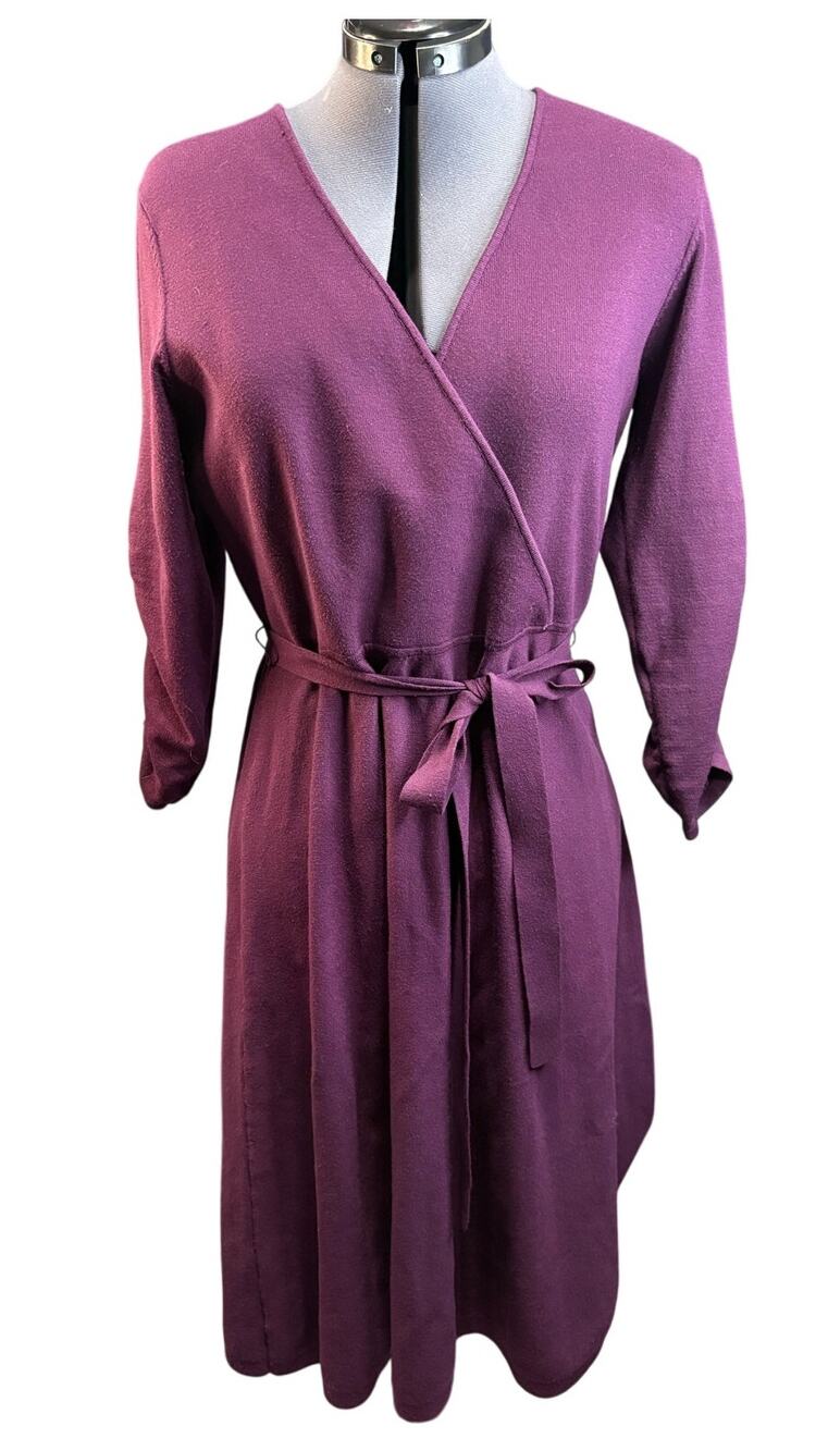Eliza J Purple Aubergine Faux knit wrap dress ruched sleeves Size XL